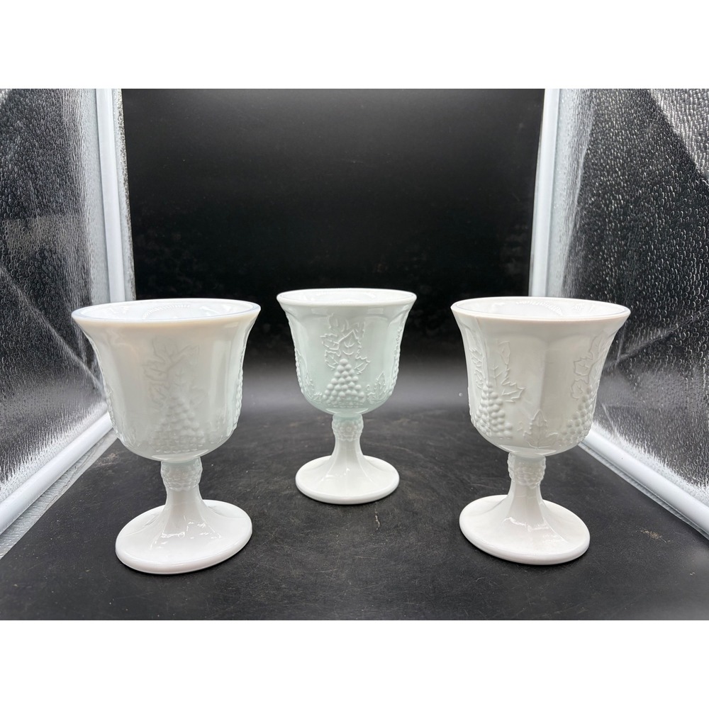 Westmoreland Milk Glass Paneled Grape Goblets Set of 3 Vintage Water Glasses